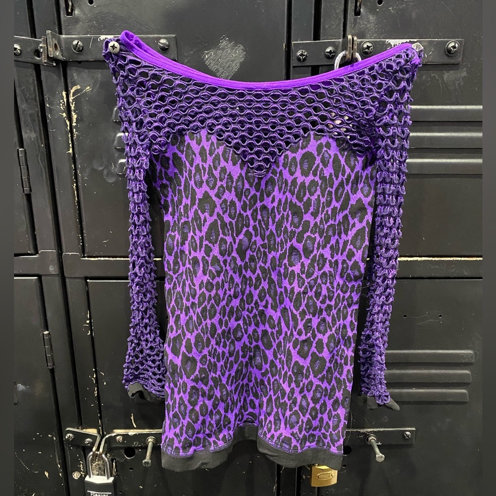 Purple leopard print dress with fishnet arms